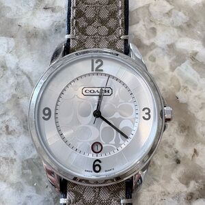 Coach Silver Dial Signature Canvas Watch with Beige Strap Denim Blue Accents